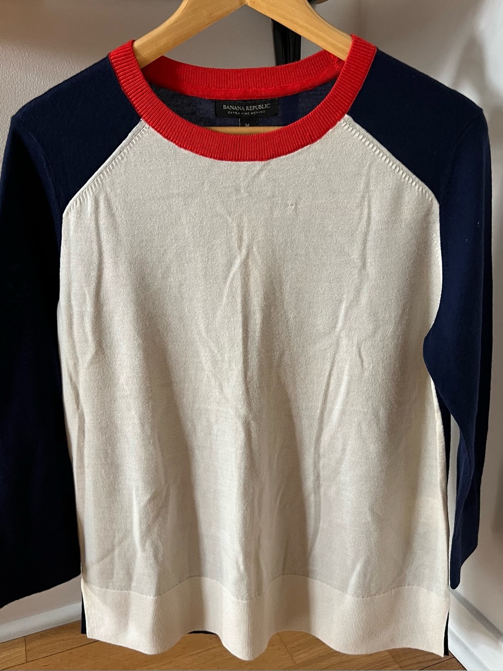 Banana Republic Cream Crewneck Sweater with Navy Sleeves and Red Neckline